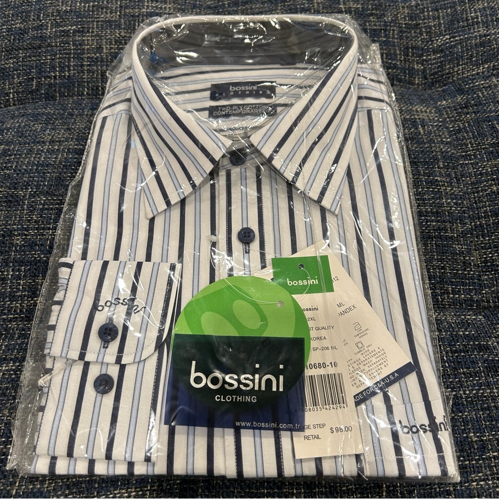 Bossini Two Ply Cotton Linen Striped Dress Shirt White Blue